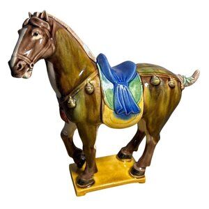 Hand-Painted Ceramic Horse Figurine With Saddle & Bells 8" Tall